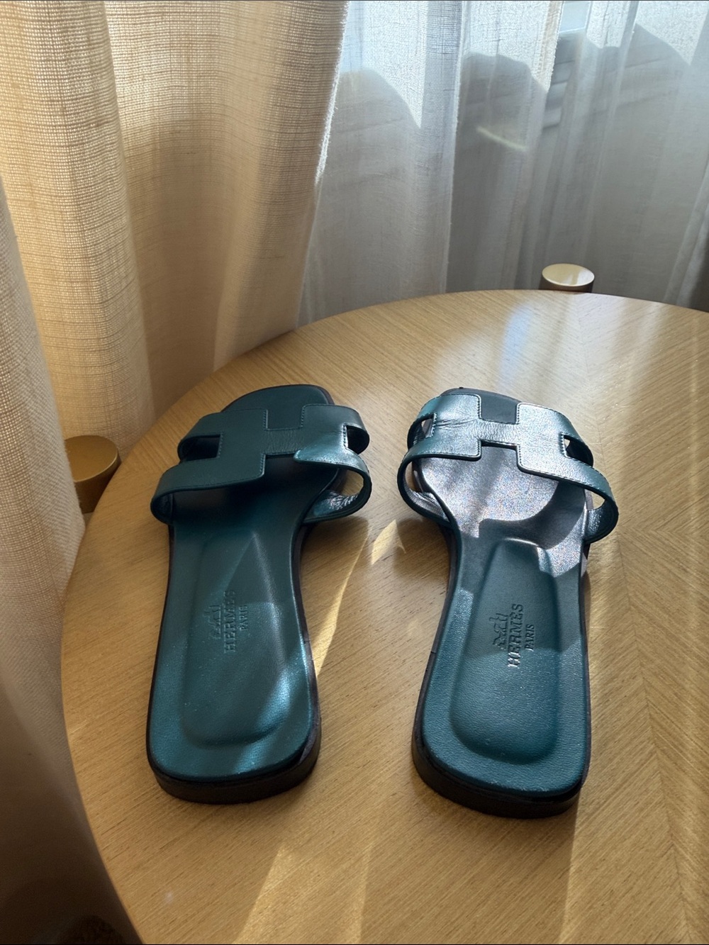 Hermes Oran Leather Slide Sandals Bleu Velvet color - Picture 4 of 7